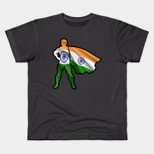 Indian Hero Wearing Cape of India Flag Brave, Hope and Pray For India Kids T-Shirt